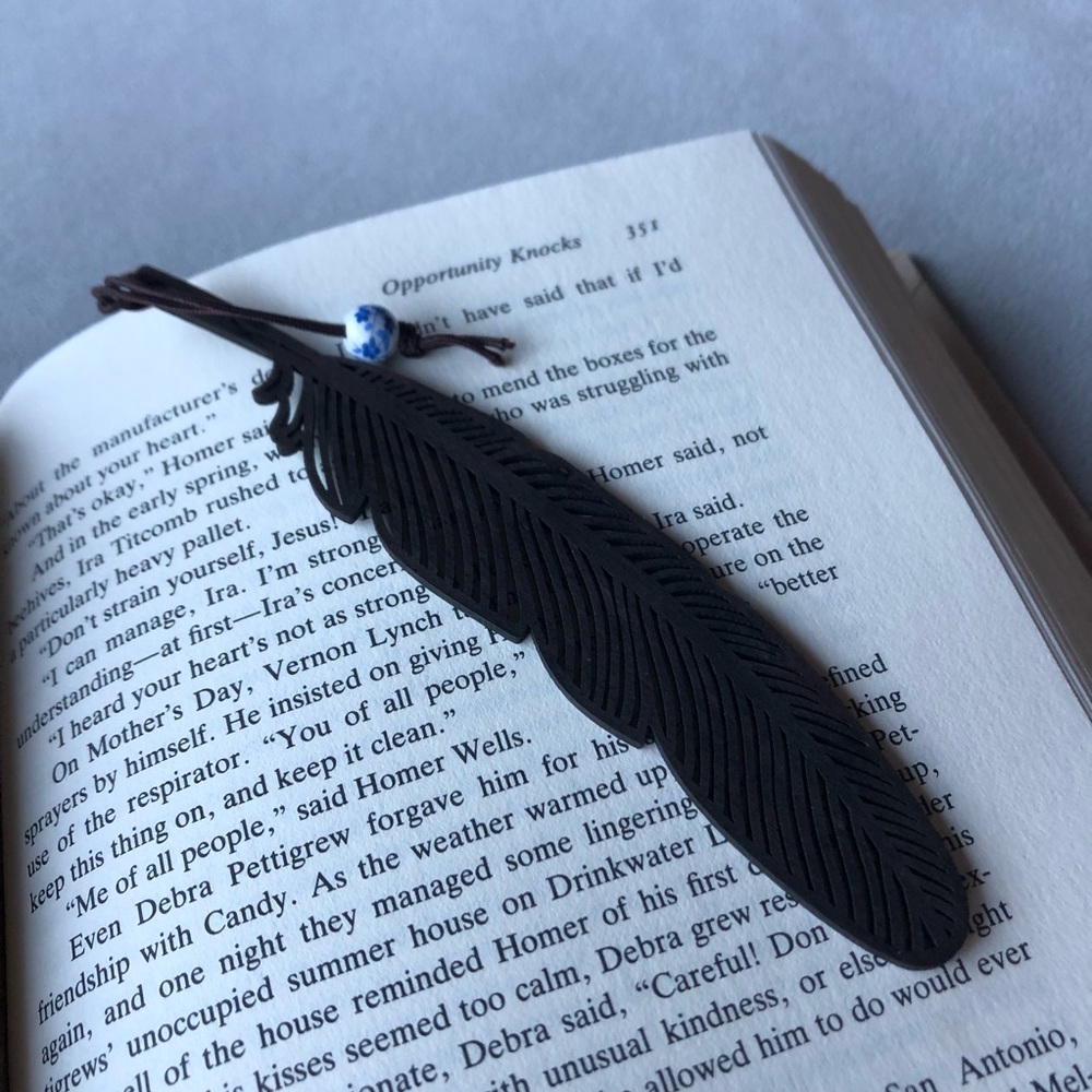 Wood Feather Bookmark ~ Dark Brown with Beaded Tassel ~ Brand New!